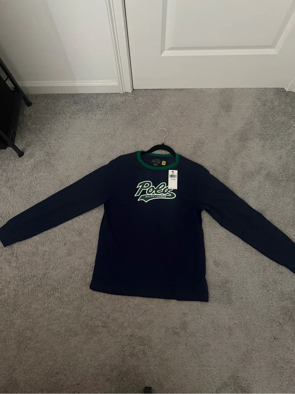 Ralph Lauren Navy Tee with Green Trim and White-Outlined Script